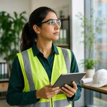 Auditor in high-visibility clothing reviewing environmental compliance on a tablet