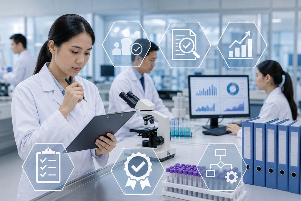 Quality assurance personnel reviewing manufacturing records during cGMP certification in Australia